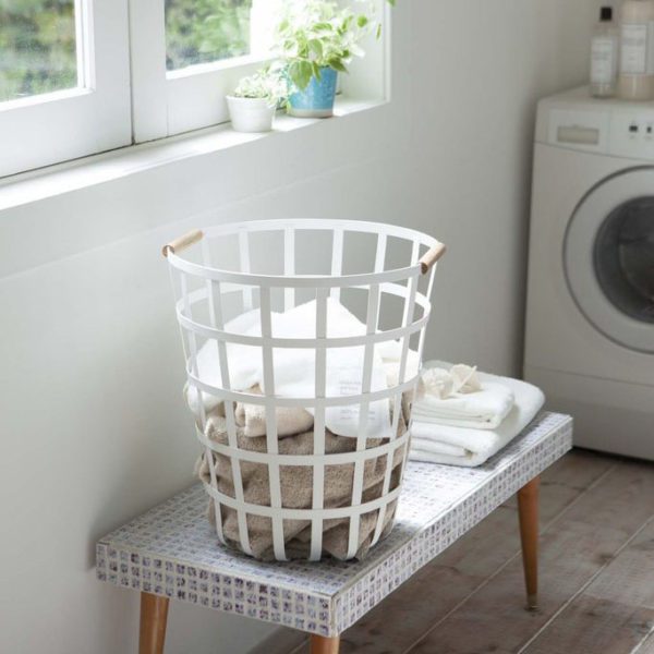 YAMAZAKI Tosca Laundry Basket Round White/Natural-20611