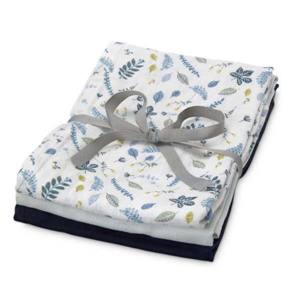 CAM CAM Organic Muslin Cloth 3 Pack Mix Pressed Leaves Blue, Baby Blue, Navy-0
