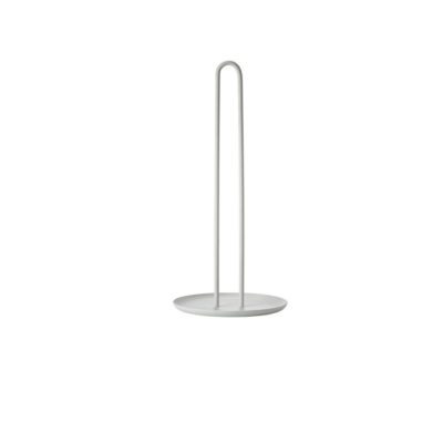 White background, perspective view, studio image of a tall, light grey, arc-shaped paper towel holder.