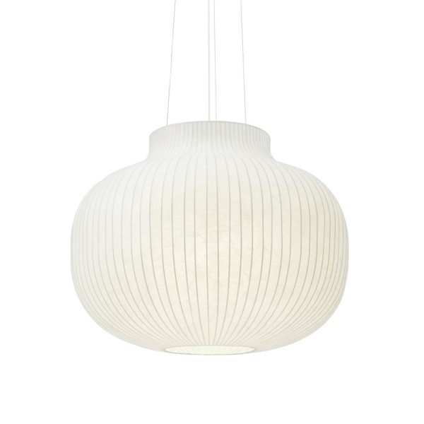White MUUTO Strand Pendant Lamp hanging from the ceiling with a white background