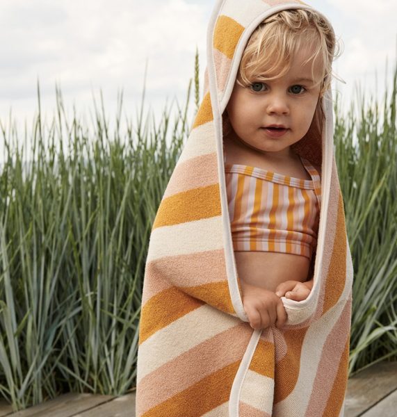 LIEWOOD Alba Baby Hooded Organic Towel, Stripe Peach/Sandy/Yellow Mellow