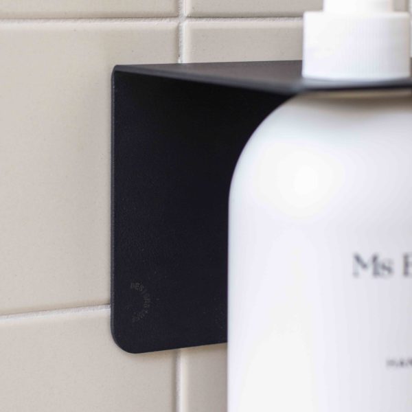 Close up of DESIGNSTUFF Shelf with Double Soap Dispenser Holder 40cm, Black on white tile