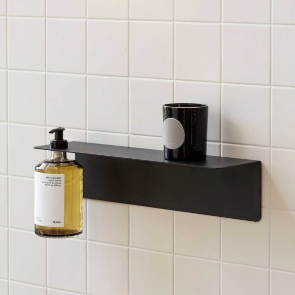 DESIGNSTUFF Shelf wit Single Soap Dispenser Holder 40cm Black on a white tile
