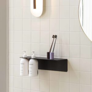 DESIGNSTUFF Shelf w/ Double Soap Dispenser Holder 40cm, Black on a white tile