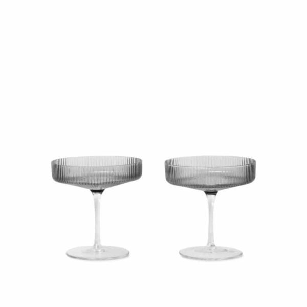 ferm LIVING Ripple Cocktail Glass Champagne Saucers, Smoked Grey (Set of 2)