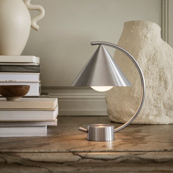 ferm LIVING Meridian Table Lamp, Portable, Brushed Steel