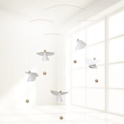 FLENSTED 5 Guardian Angels hanging from the ceiling in a soft lit room with white windows