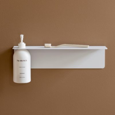 DESIGNSTUFF Shelf w/ Single Soap Dispenser Holder in White on a brown background