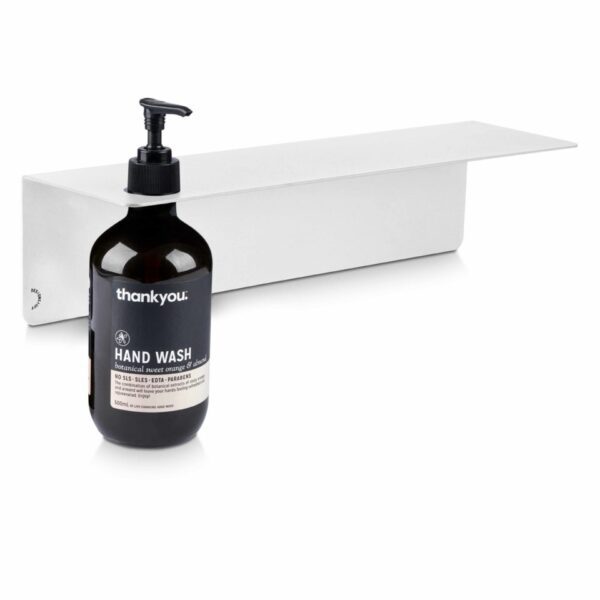 DESIGNSTUFF Shelf w/ Single Soap Dispenser Holder in White on a white background