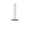 White background, perspective view, studio image of a tall, light brown, arc-shaped paper towel holder.