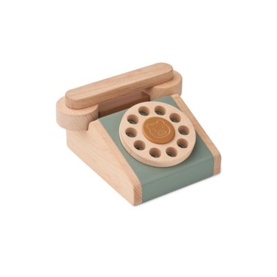 LIEWOOD Selma Wooden Phone Toy shown in Faune Green and Golden Caramel