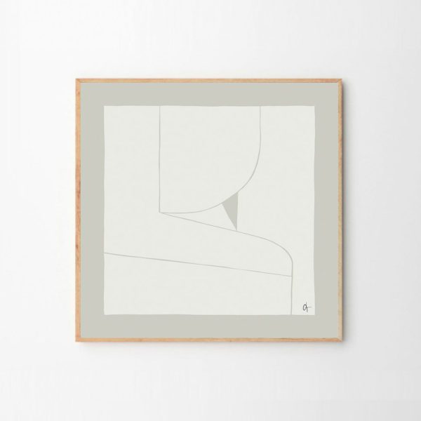 A line drawing on art paper housed in a square wooden frame on a grey white background.