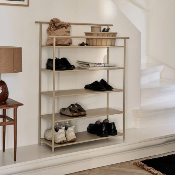 ferm LIVING Dora Rack, Cashmere in a hallway with shoes on it