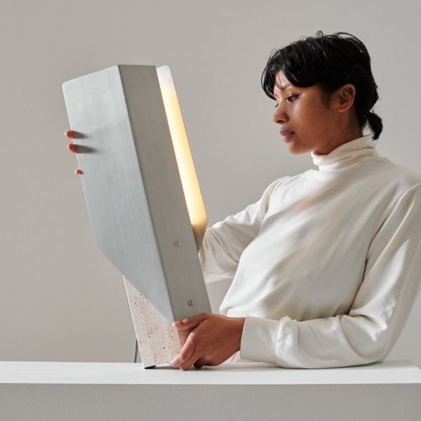 PRE-ORDER | BEN TOVIM DESIGN Fold Table Lamp, Raw Travertine/Brushed Aluminium
