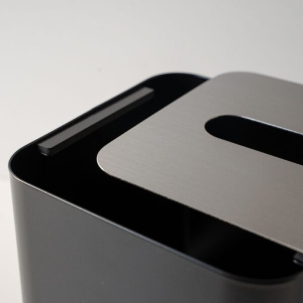 DESIGNSTUFF Square Tissue Box w/ Metal Lid, Black/Brushed Steel