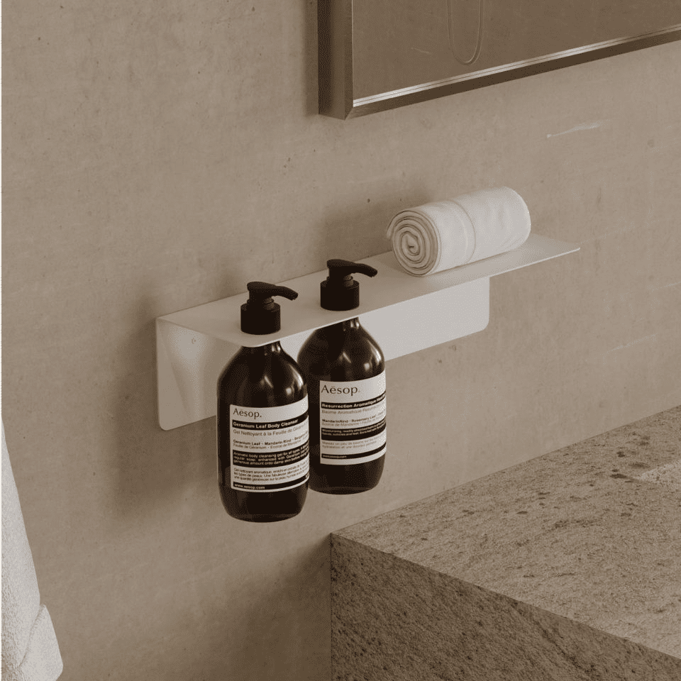 DESIGNSTUFF-Shelf-w-Double-Soap-Dispenser-Holder-40cm-White-1 on a Wall in a Bathroom