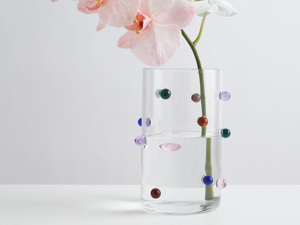 MAISON BALZAC's clear pomponette vase. a cylindrical vase with multicoloured glass pom poms, styled with an orchid stem.