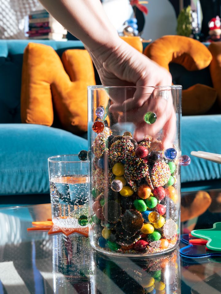 Maison Balzac's Pomponette vase  filled with peanut M&M's and chocolate freckles.