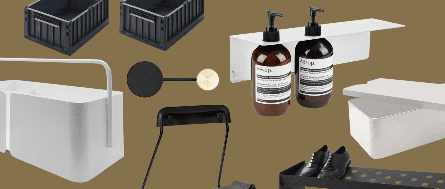A collage of home organisation essentials on a khaki background. The products featured include the DESIGNSTUFF desk caddy, LIEWOOD's Weston storage crates, MENU's Afteroom Coat Rack, MINIM's Sling Guitar Stand, the DESIGNSTUFF Shelf with Soap Dispenser Holders, BEN-TOVIM DESIGNS Shoe Rack, and DESIGNSTUFF's Storage Box