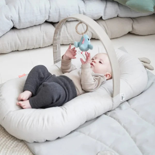 DONE BY DEER Cozy Baby Lounger w/ Activity Arch, Raffi, Sand