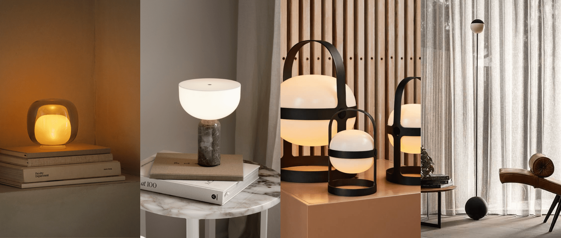 A collage of Designstuff's Portable Lamps featuring the Eva Solo Tea Light, The New Works Kizu Lamp, The Rosendahl Soft Spot Solar Lamp, and the Made By Pen Sway Floor Lamp.