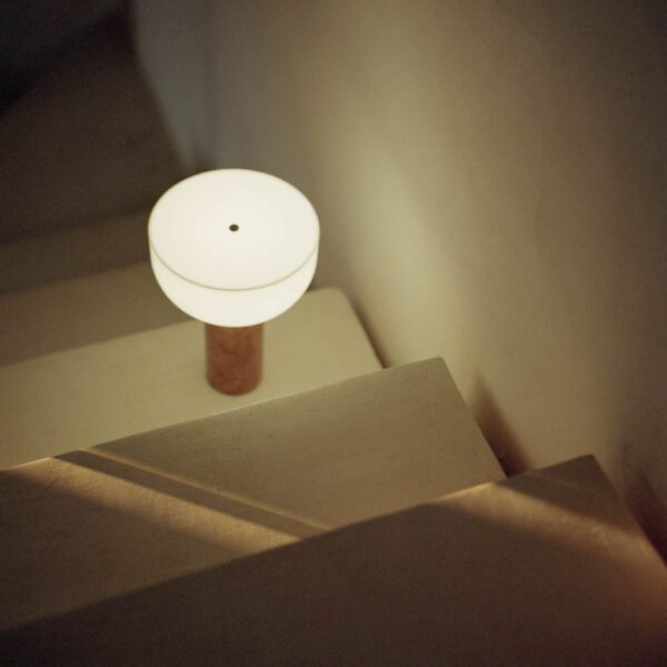 New Works Kizu portable lamp breccia pernice marble on stairs