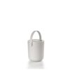 White background, perspective view studio image of a small, grey, cylindrical trash bin with a pail-type handle.