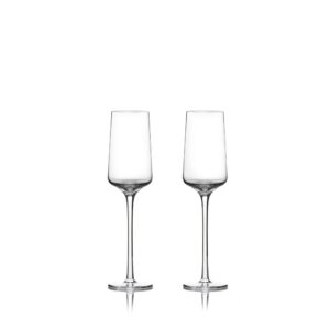 White background, studio image, perspective view of two champagne glasses.