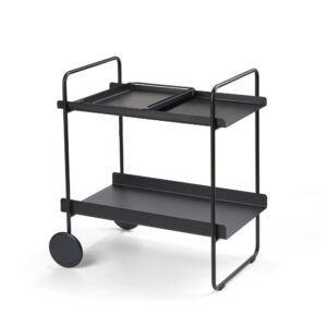 Isometric view of a black, empty, two-wheeled and tiered cocktail bar cart.