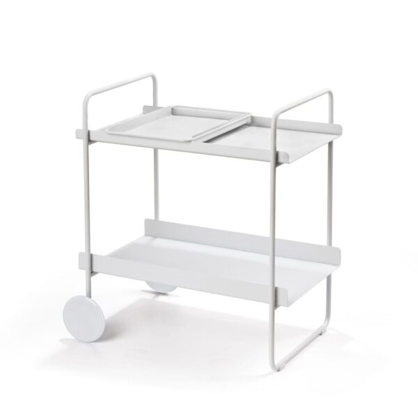 Isometric view of a grey, empty, two-wheeled and tiered cocktail bar cart.