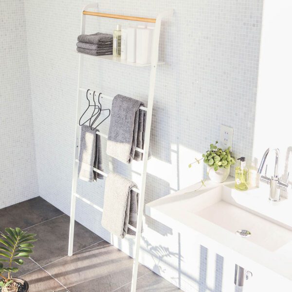 A towel ladder and bathroom shelf