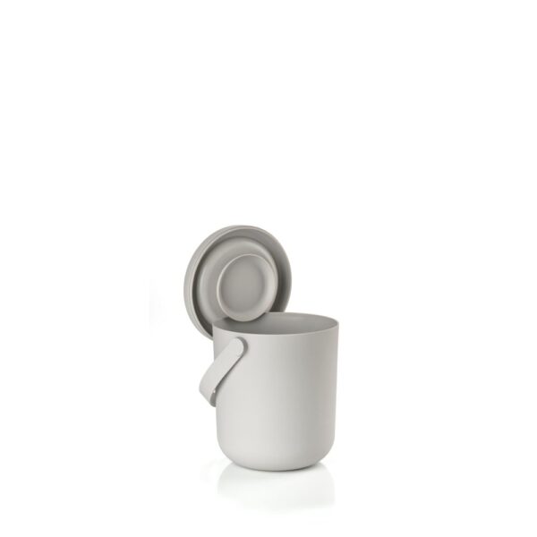 White background, perspective view studio image of an open, small, grey, cylindrical trash bin with a pail-type handle.