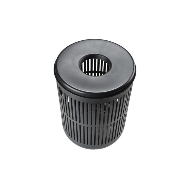 White background, studio image, isometric view of a black, cylindrical laundry basket with its cover attached.