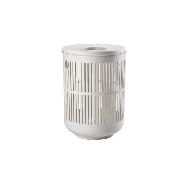 White background, studio image, perspective view of a grey, cylindrical laundry basket with its cover attached.