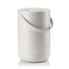 White background, perspective view studio image of a tall, grey, cylindrical trash bin with a pail-type handle.