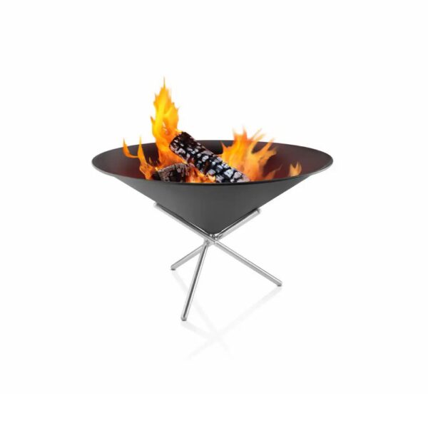 White background, studio lighting, perspective view of a steel, cone-shaped fire pit with smouldering fire wood.