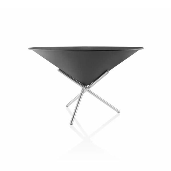 White background, studio lighting, perspective view of a steel, cone-shaped fire pit.