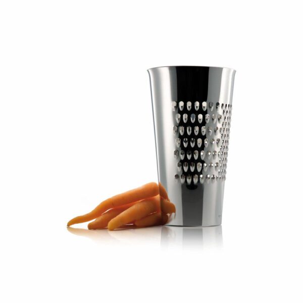 White background, studio lighting, perspective view of a stainless steel, canister-shaped grating bucket with carrots next to it.