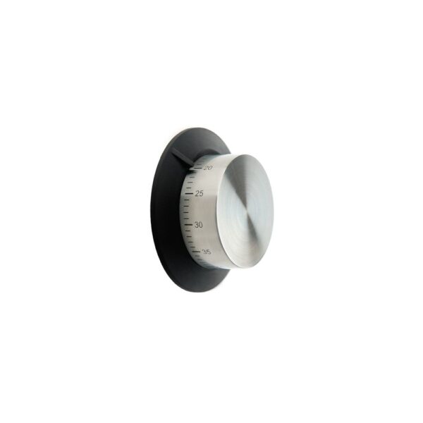 White background, studio lighting, perspective view of a steel and plastic circular kitchen timer with a time marker and indices on the knob.