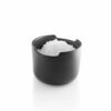 White background, studio lighting, isometric view of a black, steel canister-shaped salt cellar.