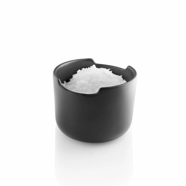 White background, studio lighting, isometric view of a black, steel canister-shaped salt cellar.
