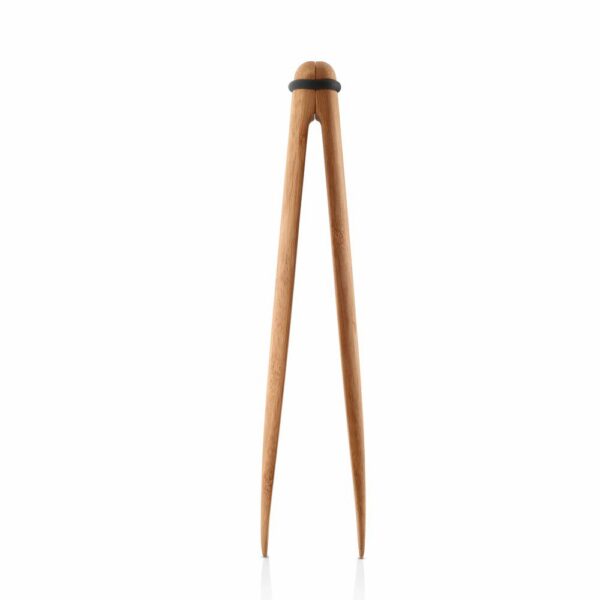 White background, studio lighting, perspective view of a standing wooden kitchen tong.