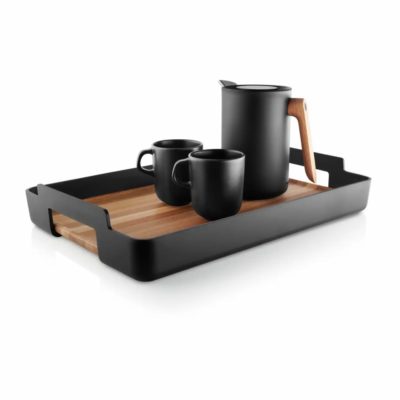 White background, studio lighting, perspective view of a black, steel rectangular kitchen serving tray with two black cups and a jug.