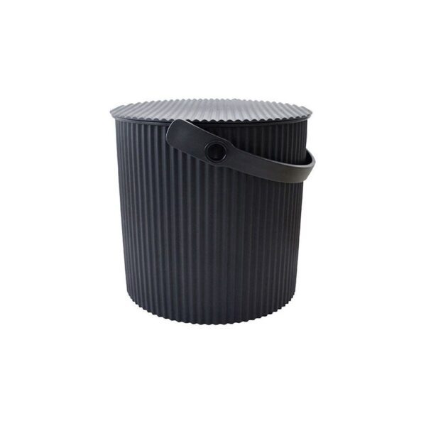 White background, studio lighting, perspective view of an extra small black storage and garden bin with handle.