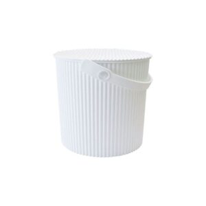 White background, studio lighting, perspective view of a small white storage and garden bin with handle.