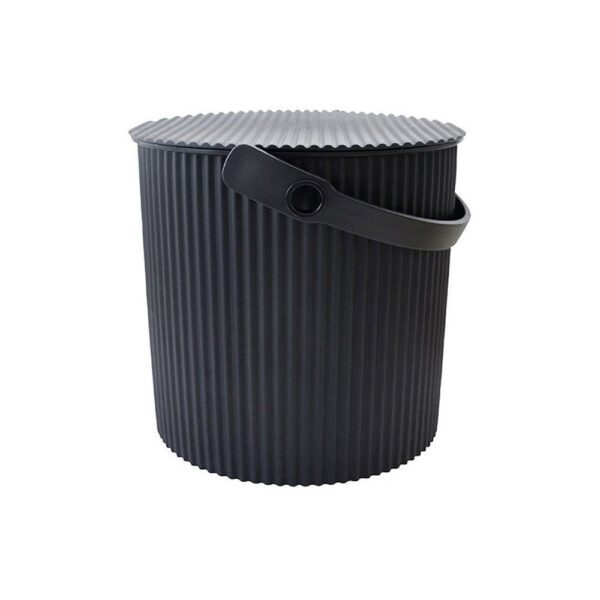 White background, studio lighting, perspective view of a small black storage and garden bin with handle.
