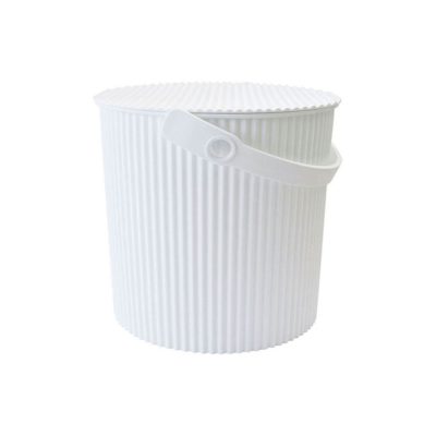 White background, studio lighting, perspective view of a medium white storage and garden bin with handle.