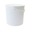 White background, studio lighting, perspective view of a large white storage and garden bin with handle.