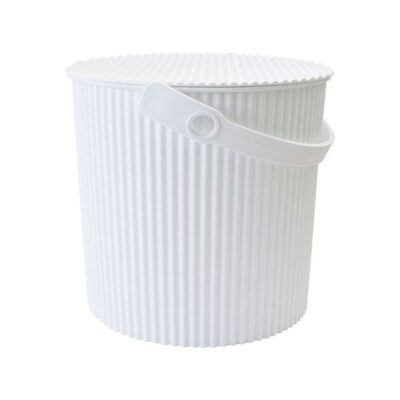 White background, studio lighting, perspective view of a large white storage and garden bin with handle.