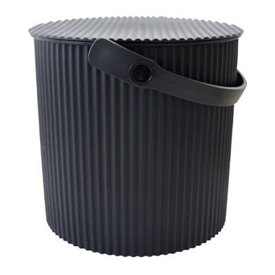 White background, studio lighting, perspective view of a large black storage and garden bin with handle.